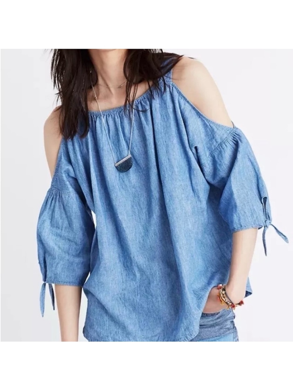 Madewell Light Blue Cold-Shoulder White Blouse
